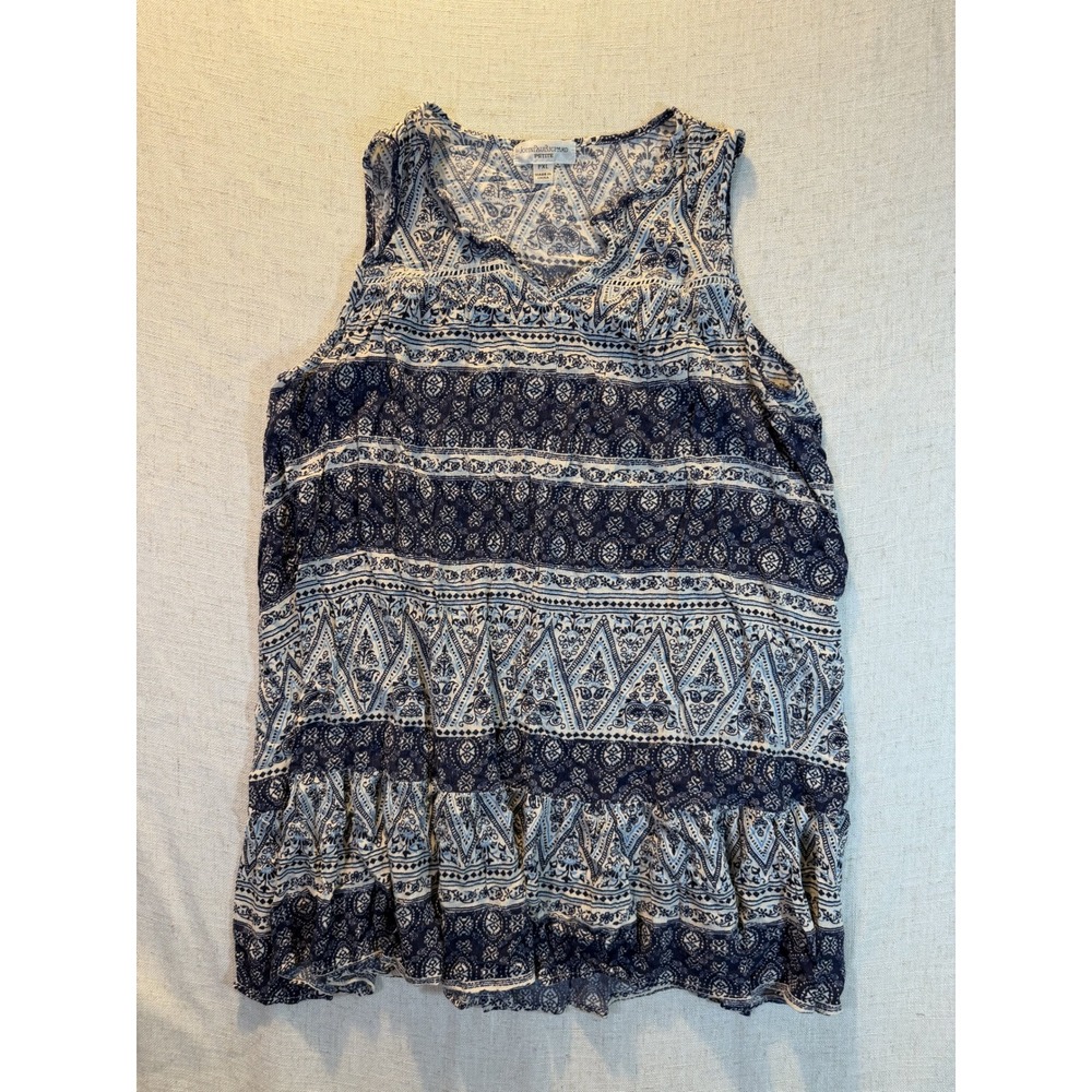 John Paul Richard Womens XL Blue White Paisley Boho Ruffle Hem Sleeveless Tunic